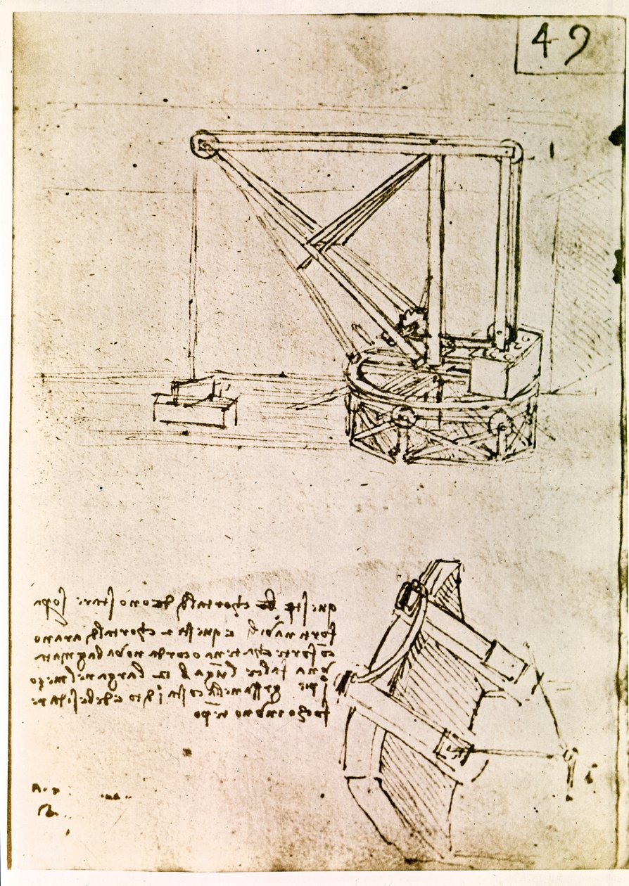 Extracto de un manuscrito de Da Vinci que describe el principio y la construcción de una "grúa giratoria" (manuscrito) de Leonardo da Vinci
