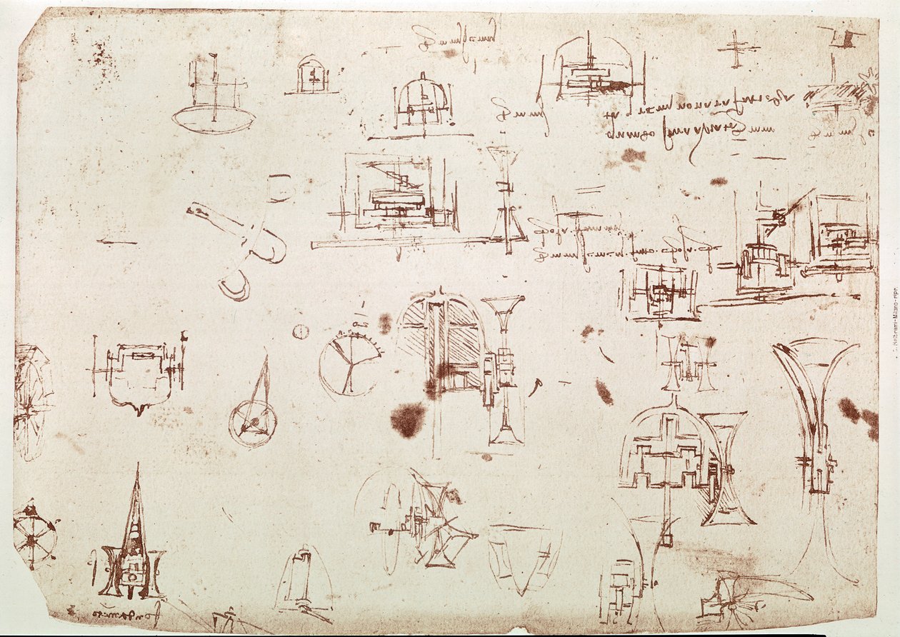 Extracto de un manuscrito de Da Vinci que describe el principio y la construcción de un "Barco con propulsión por medio de ruedas" (manuscrito) de Leonardo da Vinci