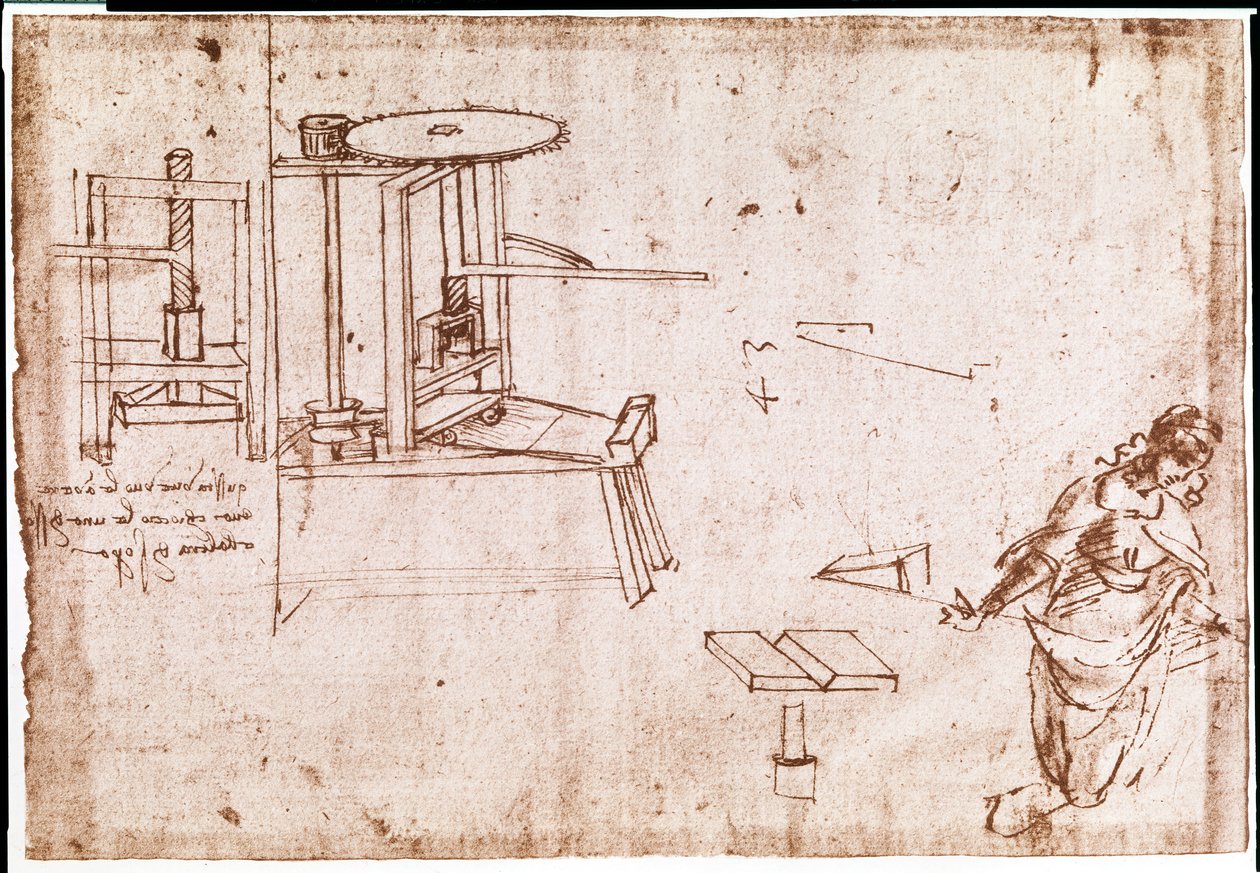 Extracto de un manuscrito de Da Vinci que describe el principio y la construcción de una "Máquina de Prensa" para imprimir (manuscrito) de Leonardo da Vinci