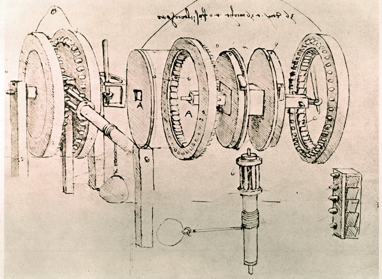 Extracto de un manuscrito de Da Vinci que describe el principio y la construcción de la "Transformación del movimiento alterno en movimiento continuo" (manuscrito). de Leonardo da Vinci