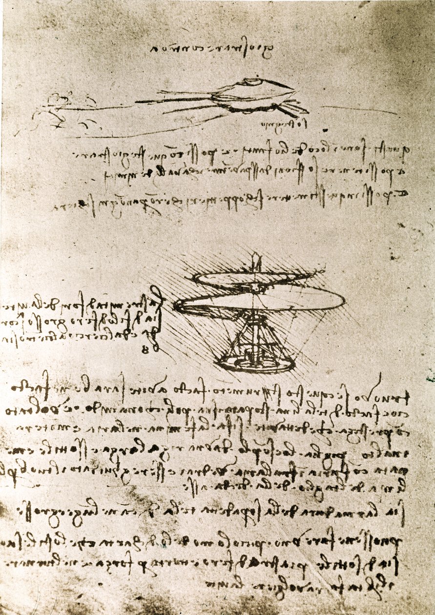 Extracto de un manuscrito de Da Vinci que describe el principio y la construcción del "Tornillo aéreo (helicóptero)" (manuscrito) de Leonardo da Vinci