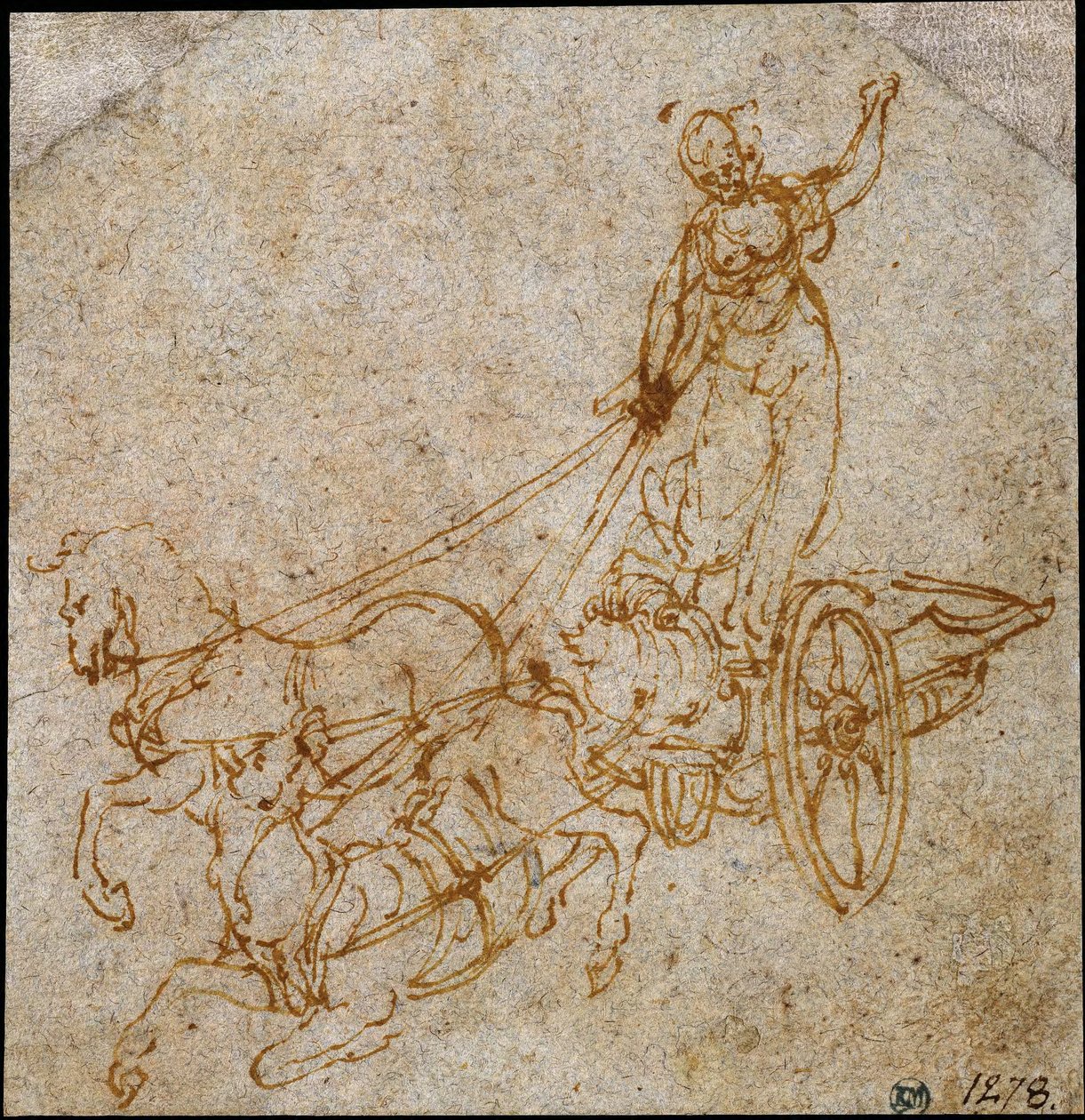 Diosa de pie en un carro tirado por dos caballos, uno de los cuales se está cayendo de Leonardo da Vinci