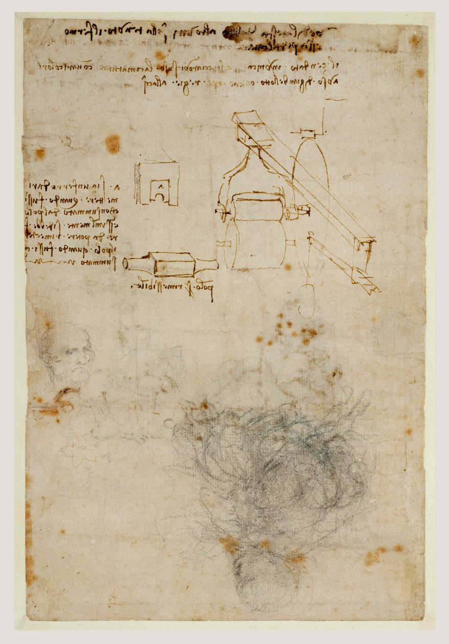 Cabeza de un anciano y estudios de maquinaria, c.1503-06 de Leonardo da Vinci