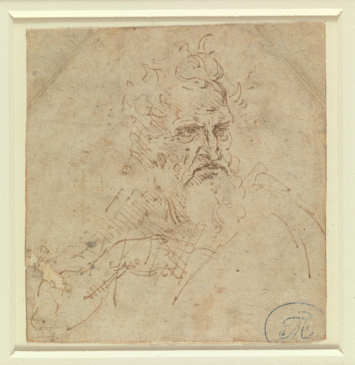 Cabeza de un anciano de aspecto severo con el brazo derecho de Leonardo da Vinci