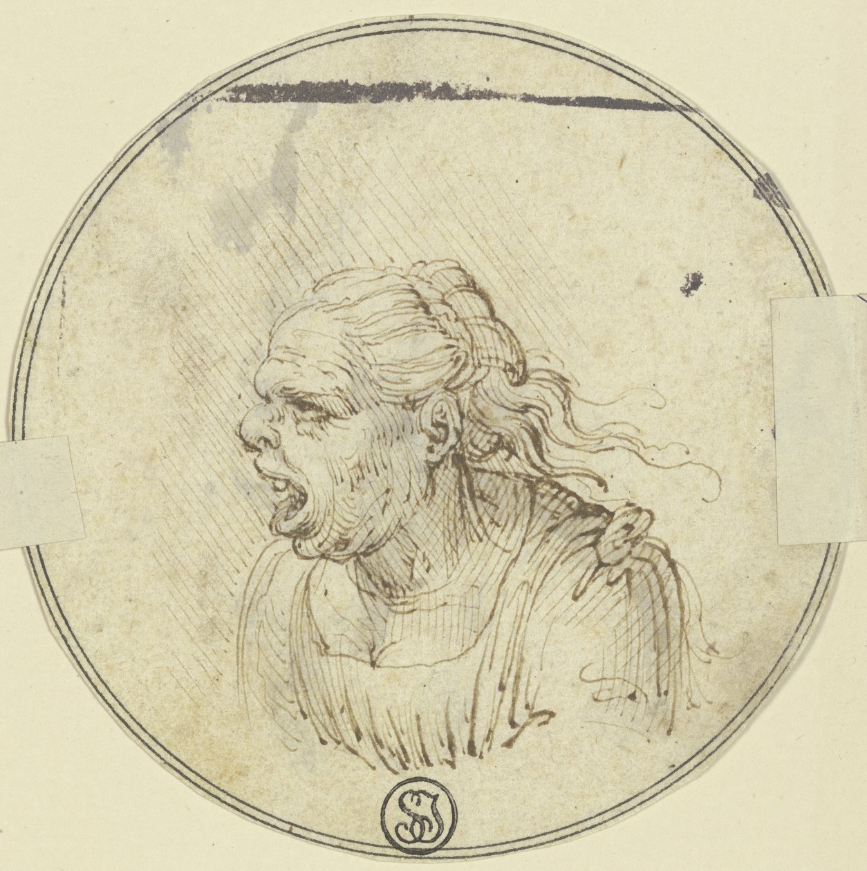 Caricatura de una mujer con la boca abierta, a medio cuerpo, de perfil hacia la izquierda de Leonardo da Vinci