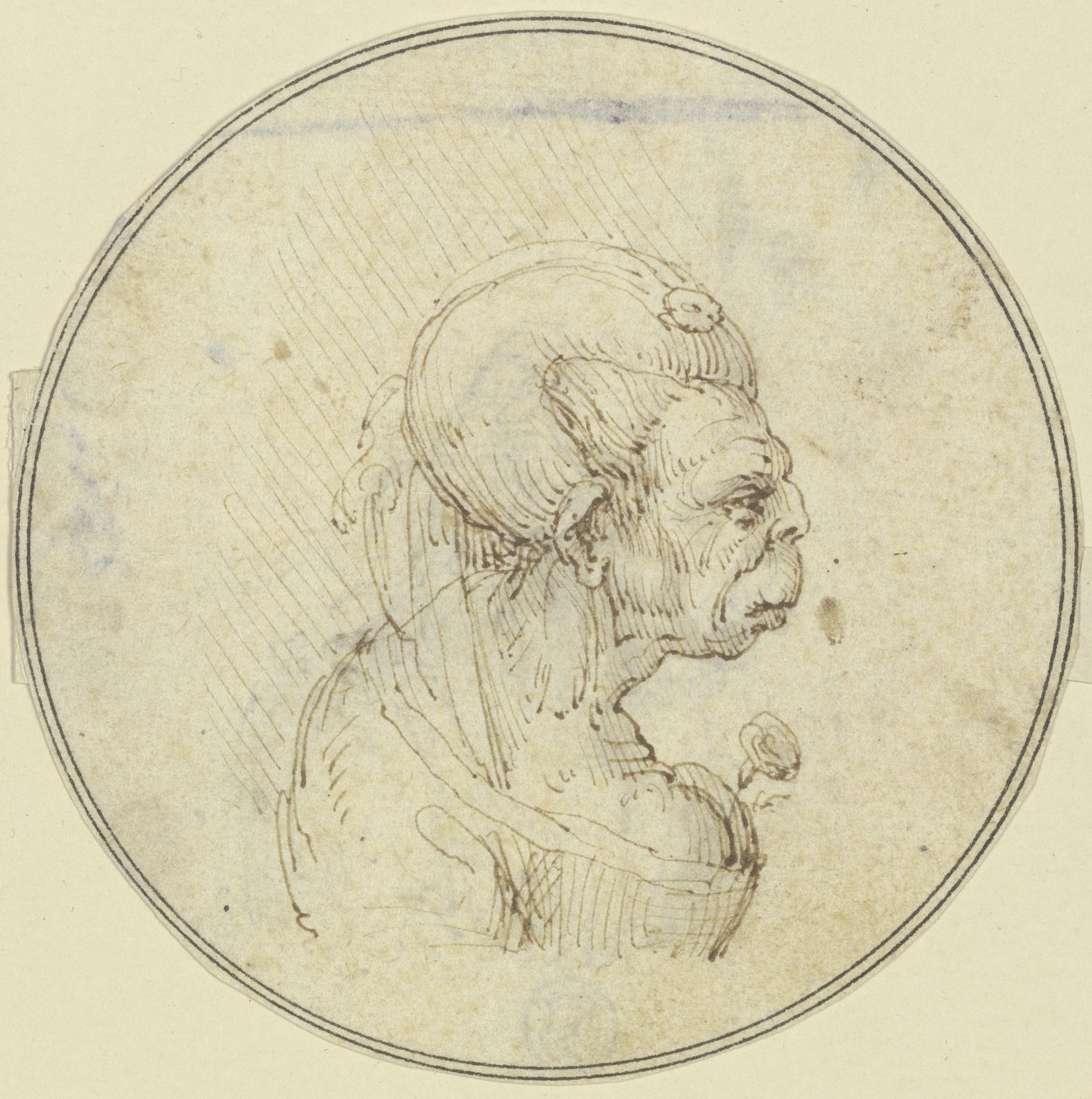Caricatura de una anciana, retrato de medio cuerpo con una rosa en el pecho, de perfil hacia la derecha de Leonardo da Vinci