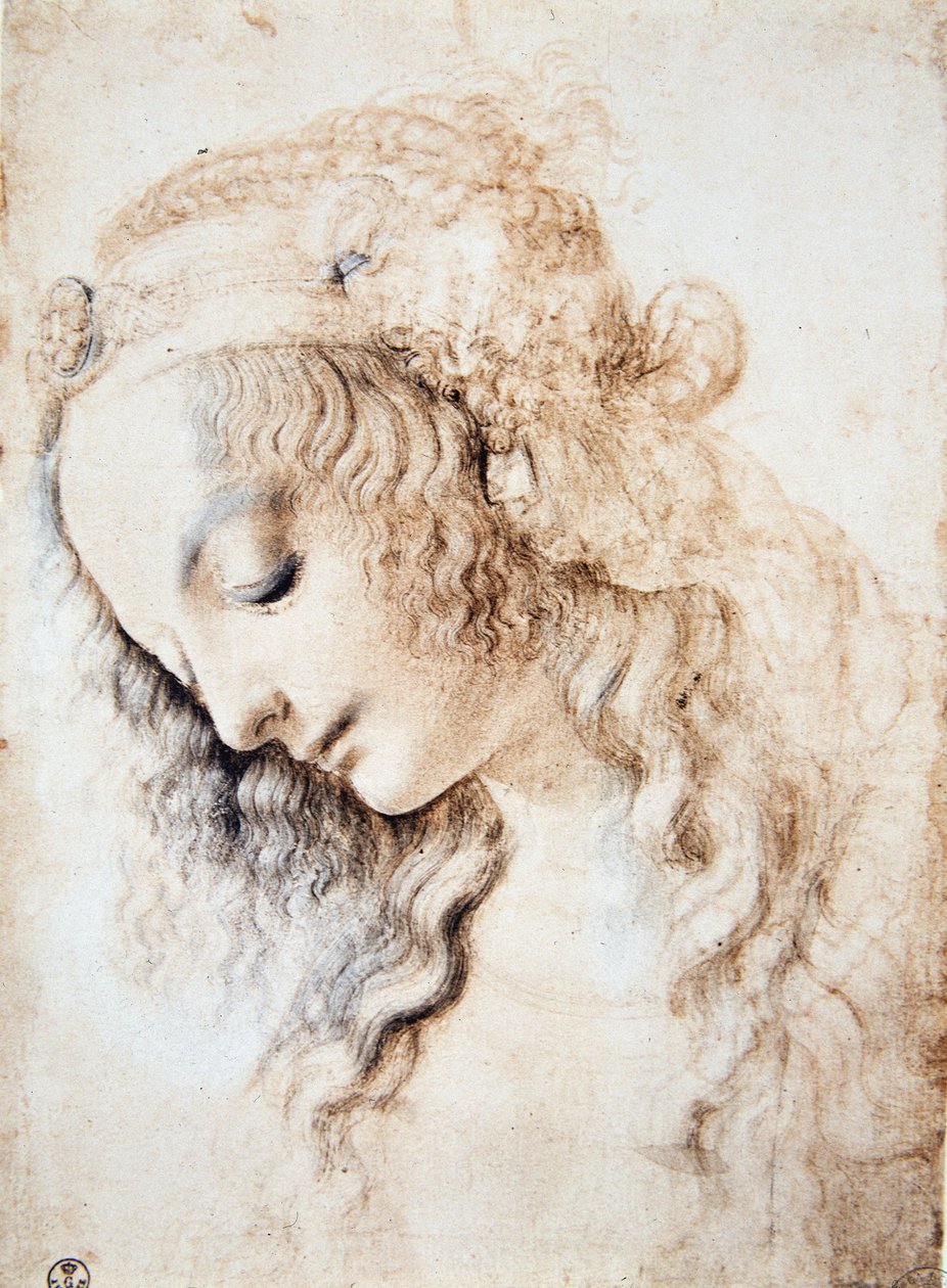 Leonardo da Vinci (Leonardo da Vinci) (1452 - 1519): Retrato de una niña con los ojos cerrados y la cabeza baja con el cabello adornado con una banda enriquecida con joyas de Leonardo da Vinci