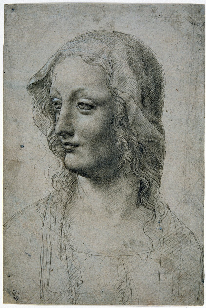 Maestro de la Pala Sforzesca (alumno milanés de Leonardo da Vinci), cabeza femenina con velo quizás un estudio para la Virgen, GDSU 426 E de Leonardo da Vinci