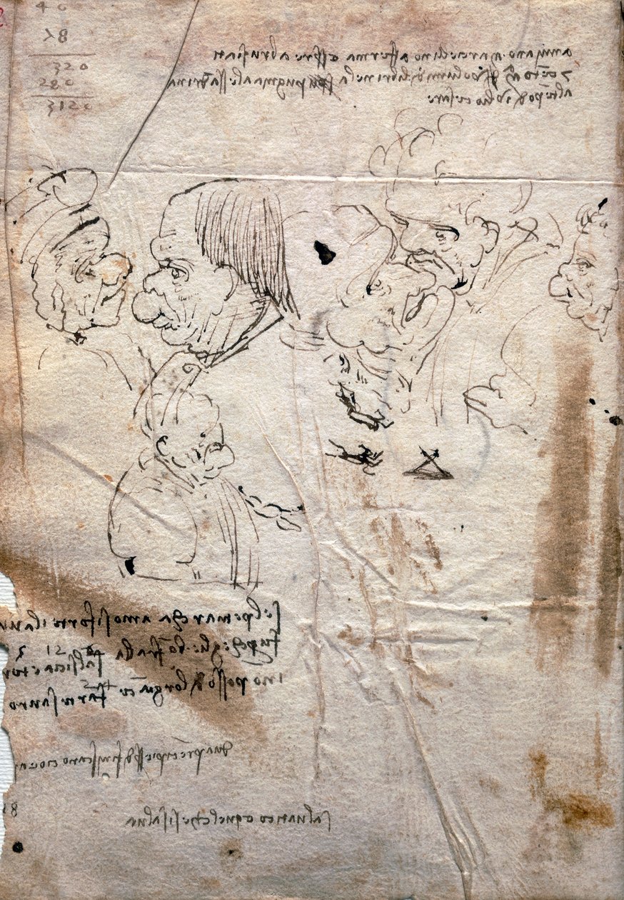 Caricaturas masculinas y lista de la biblioteca, Codex Trivulzianus de Leonardo da Vinci