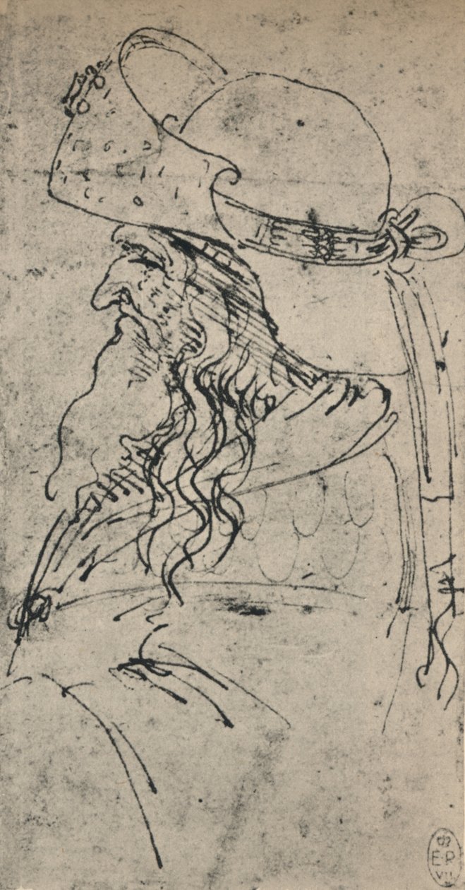 Perfil a la Izquierda de un Viejo con un Gran Sombrero, c. 1480 1945 de Leonardo da Vinci