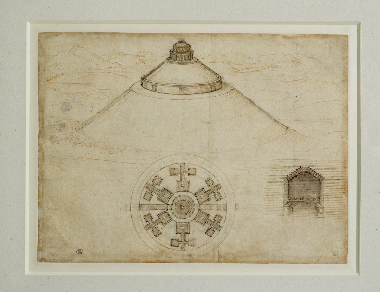 Proyecto para una tumba de planta central;elevación ... de Leonardo da Vinci