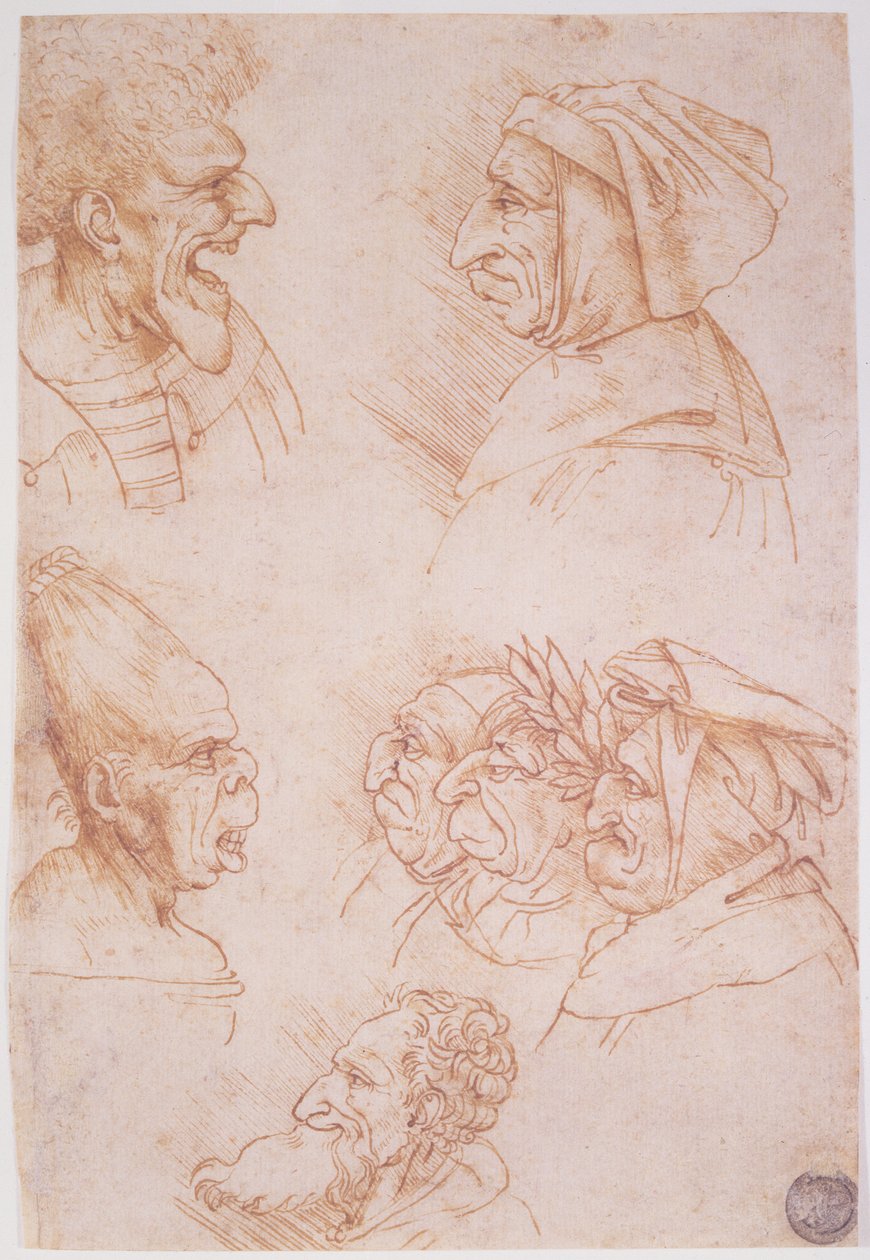 Siete estudios de caras grotescas (tiza roja sobre papel) de Leonardo da Vinci