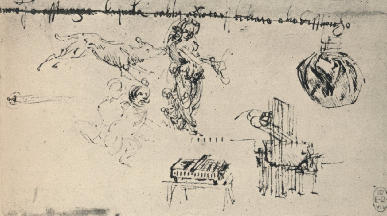 Hoja de estudios con una joven, un lobo, etc., c. 1480 1945 de Leonardo da Vinci