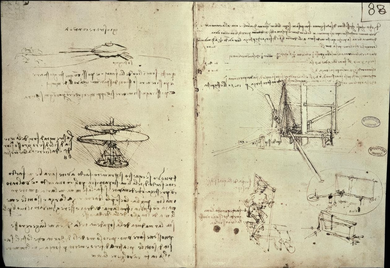 Estudios para hélice y máquinas voladoras de Leonardo da Vinci