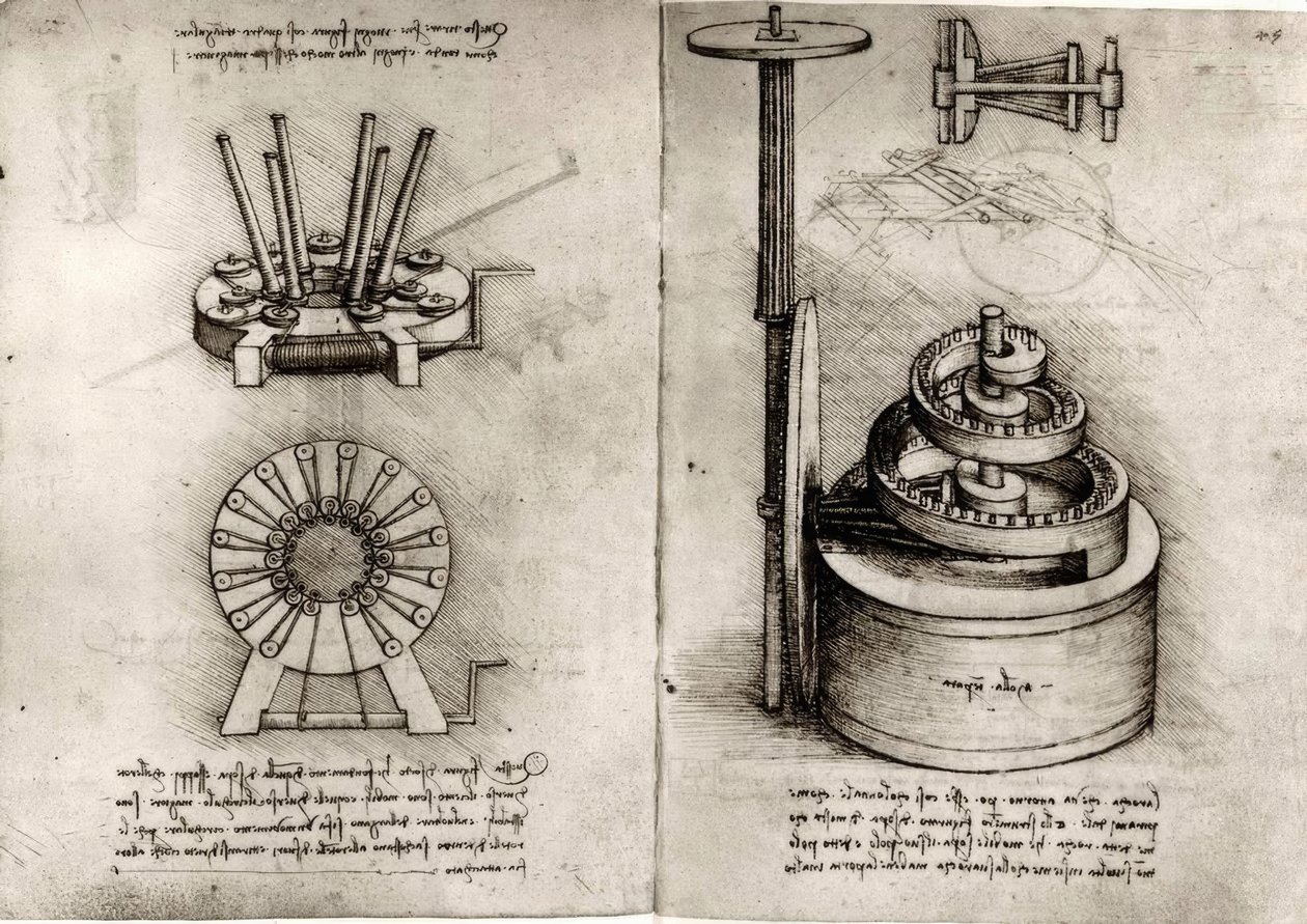 Estudios sobre la mecánica; a la derecha resorte de un reloj de Leonardo da Vinci