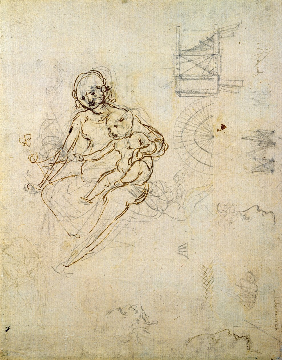 Estudios para una Virgen y el Niño y de cabezas en perfil y máquinas, c.1478-80 de Leonardo da Vinci