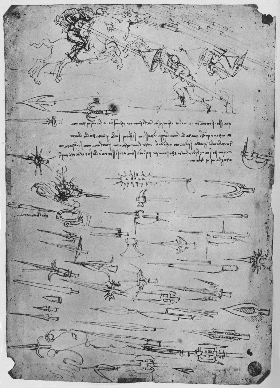 Estudios de soldados de infantería atacando a jinetes con lanzas y escudos, c. 1480, 1945 de Leonardo da Vinci