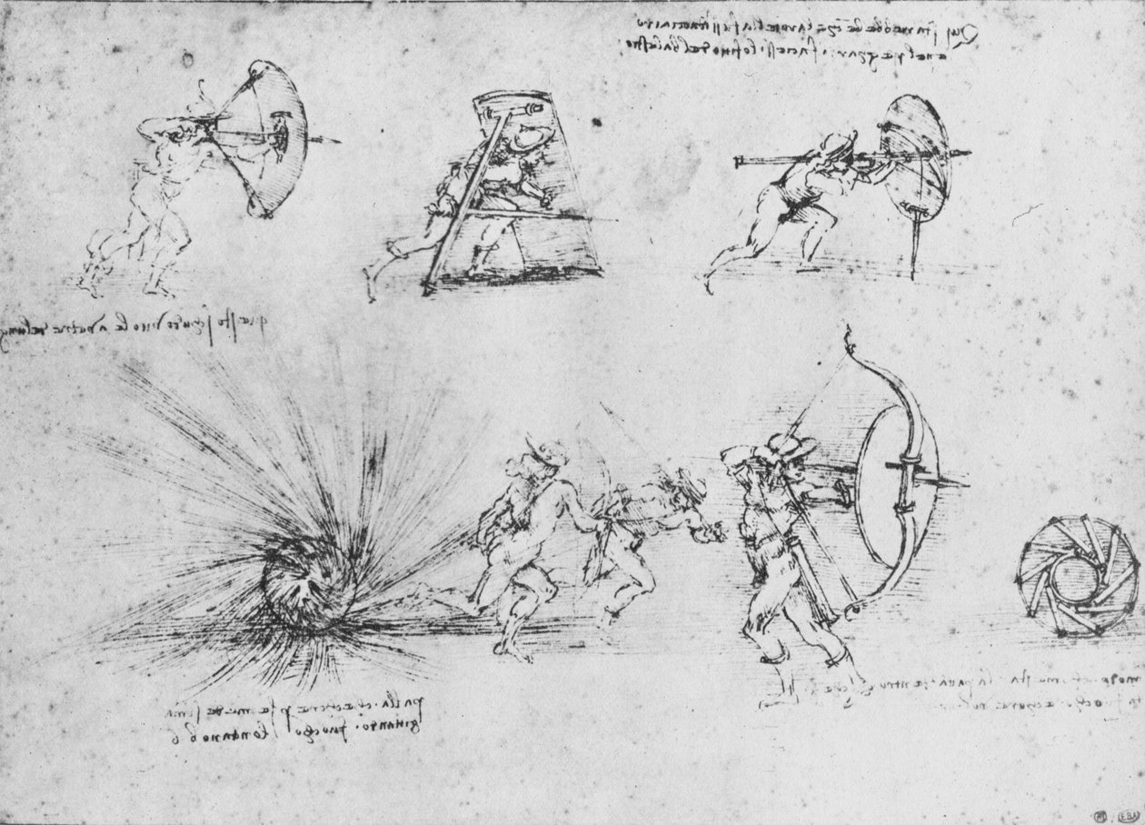 Estudios de Escudos para Proteger a los Soldados de Infantería y de una Bomba explotando, c1480 1945 de Leonardo da Vinci