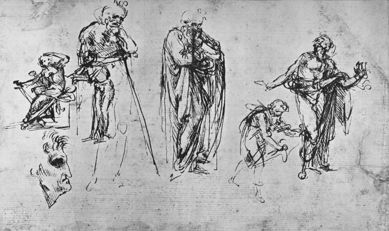 Estudios de figuras individuales y de un perfil, c1480 de Leonardo da Vinci