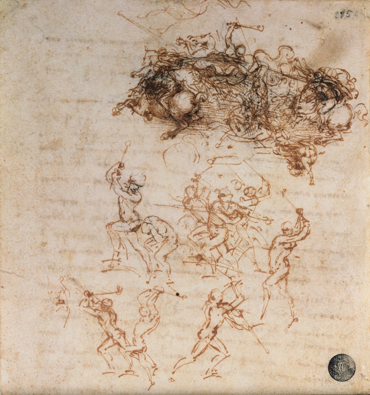 Estudio de jinetes en combate y soldados de infantería, 1503 de Leonardo da Vinci
