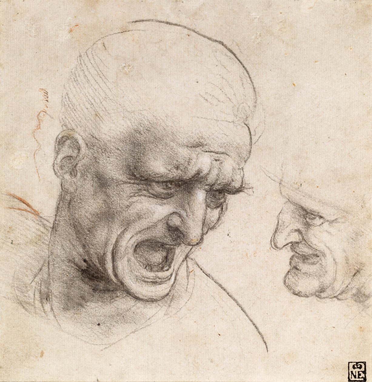 Estudio de las cabezas de dos guerreros de la batalla de Anghiari de Leonardo da Vinci