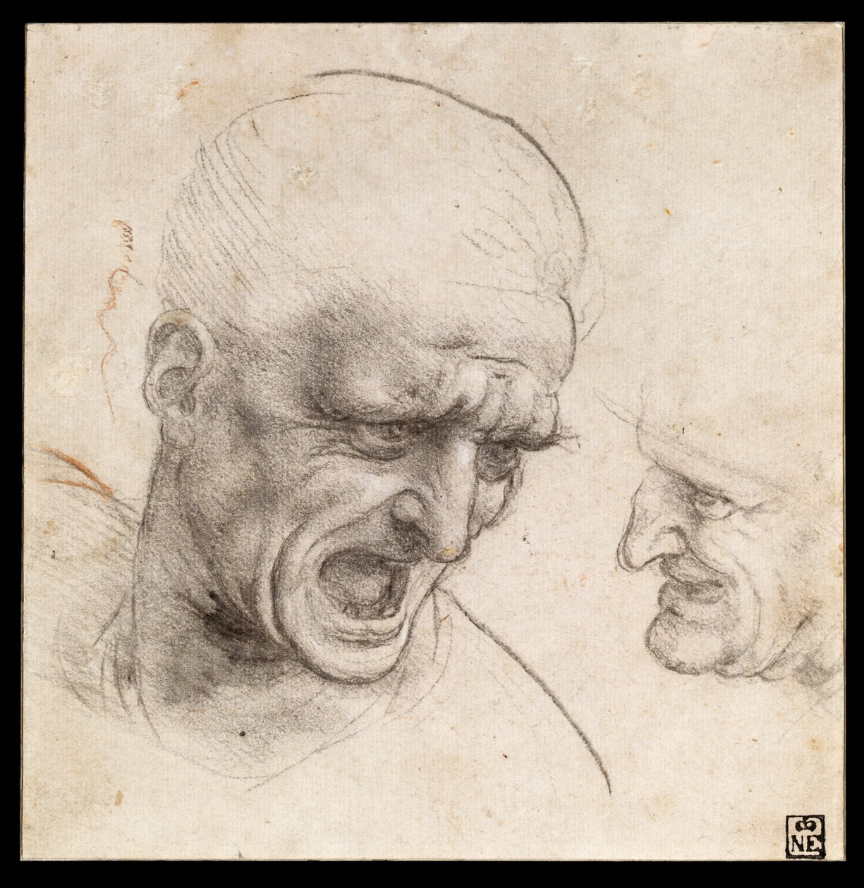 Estudio de las cabezas de dos guerreros de la batalla de Anghiari de Leonardo da Vinci