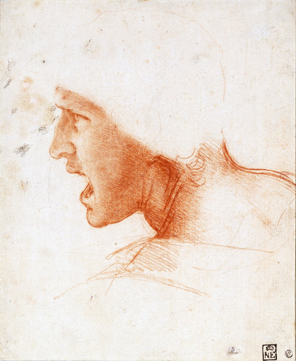 Estudio de la cabeza de un guerrero para la batalla de Anghiari - Leonardo da Vinci (1452-1519) - 1504-1505 - Sanguine on paper - 22,6x18,6 - Szepmuveszeti Muzeum, Budapest de Leonardo da Vinci