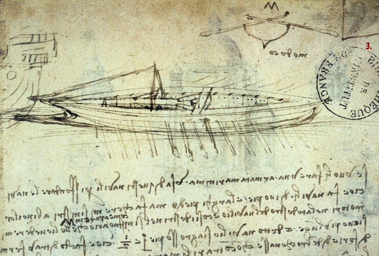 Estudio de barco equipado con una serie de remos por Leonardo da Vinci (1452 - 1519). Dibujo con pluma y tinta. Manuscrito. Biblioteca del Instituto de Francia. París de Leonardo da Vinci