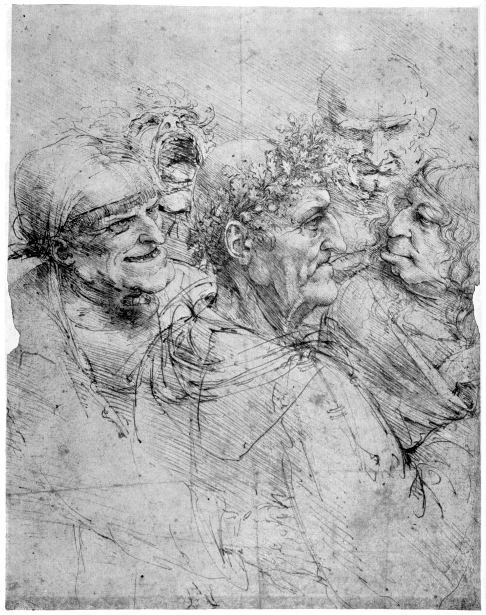 Estudio de cinco cabezas grotescas, c. 1494 de Leonardo da Vinci