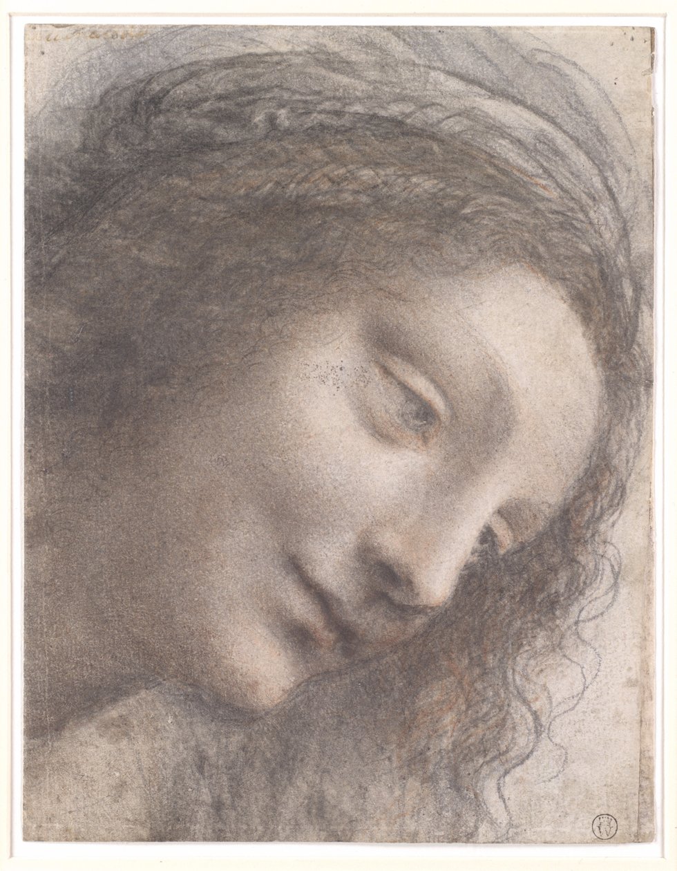 La cabeza de la Virgen en perspectiva de tres cuartos, mirando hacia la derecha de Leonardo da Vinci