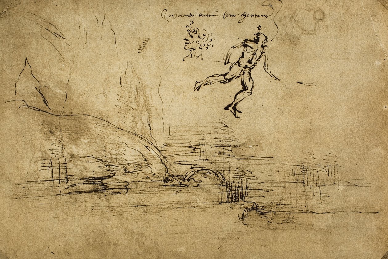 El reverso de un dibujo de paisaje con la figura de un soldado de Leonardo da Vinci