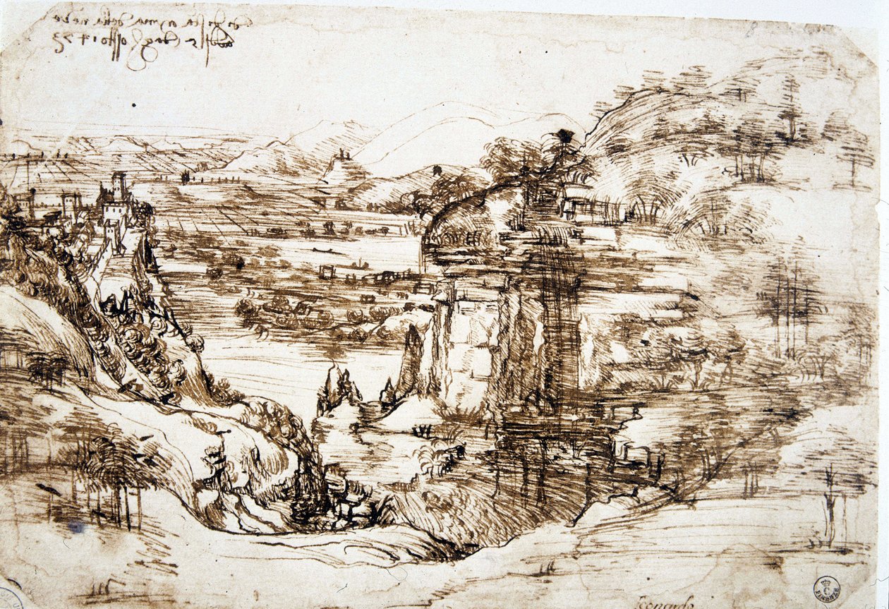 El primer dibujo conocido de Leonardo da Vinci (Leonardo de Vinci) (1452-1519), "Paisaje de Santa Maria della Neve": el paisaje del valle del Arno, cerca de Florencia de Leonardo da Vinci