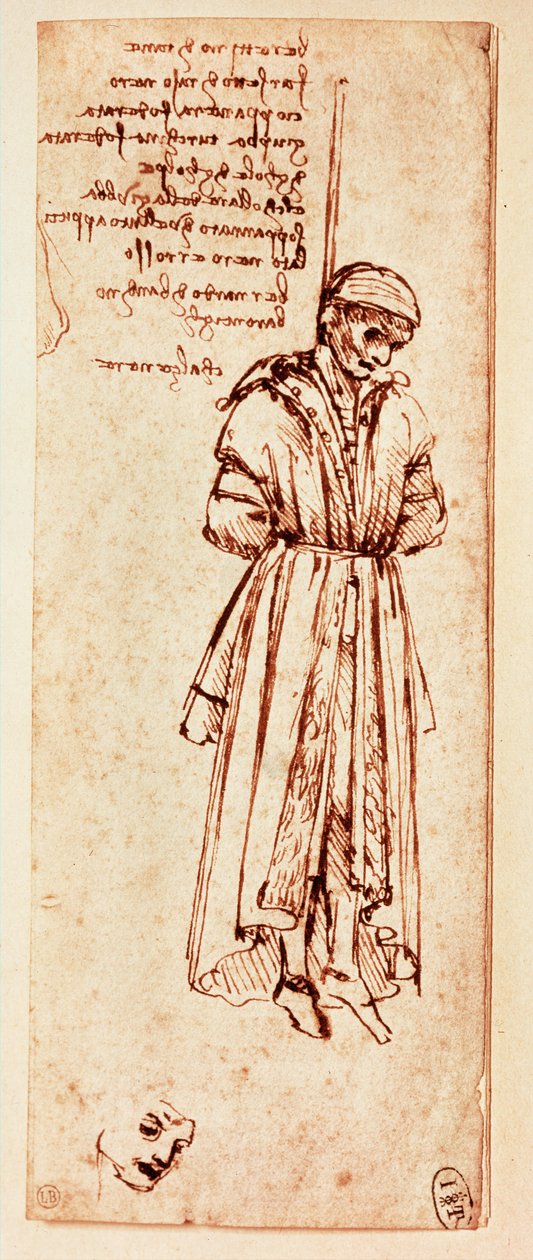 El cuerpo estrangulado de Bernardo Baroncelli. Pluma y tinta de Leonardo da Vinci