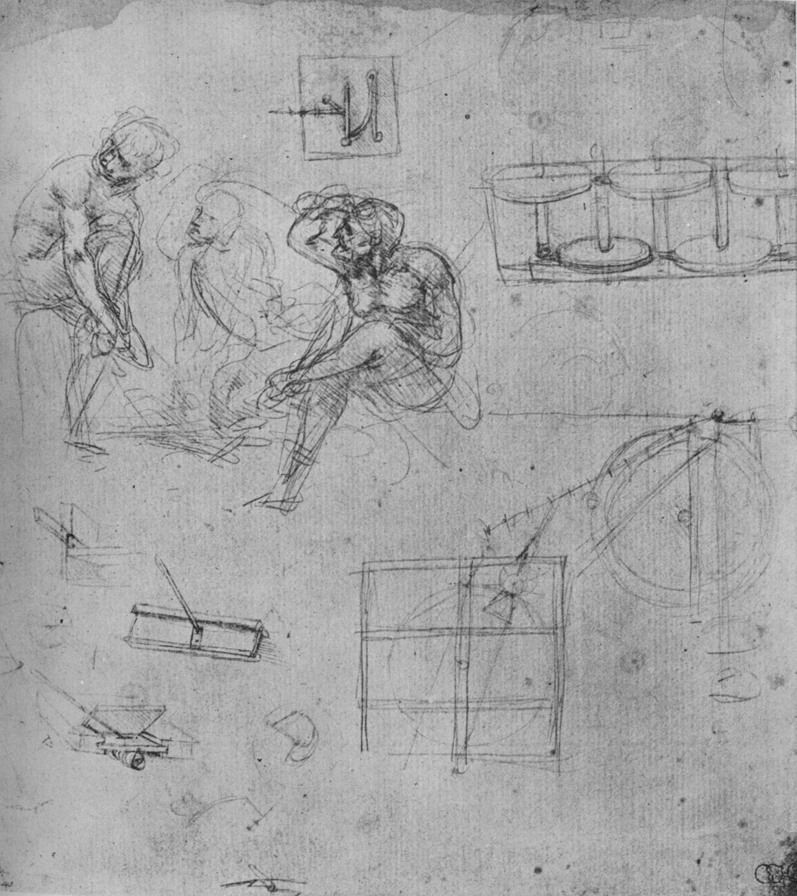Tres Figuras Sentadas y Estudios de Maquinaria, 1480-1481 de Leonardo da Vinci