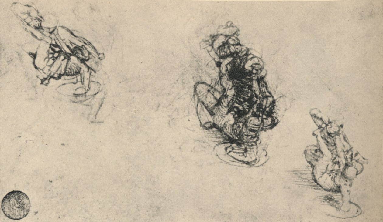 Tres estudios de un hombre apuñalando a un enemigo caído, c1480 1945 de Leonardo da Vinci