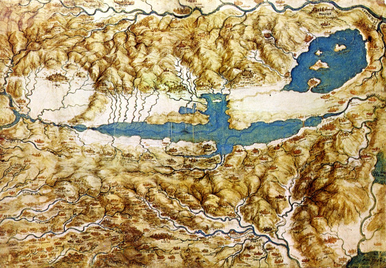 Vista topográfica del campo alrededor de la llanura de Arezzo y el Val di Chiana, principios del siglo XVI de Leonardo da Vinci