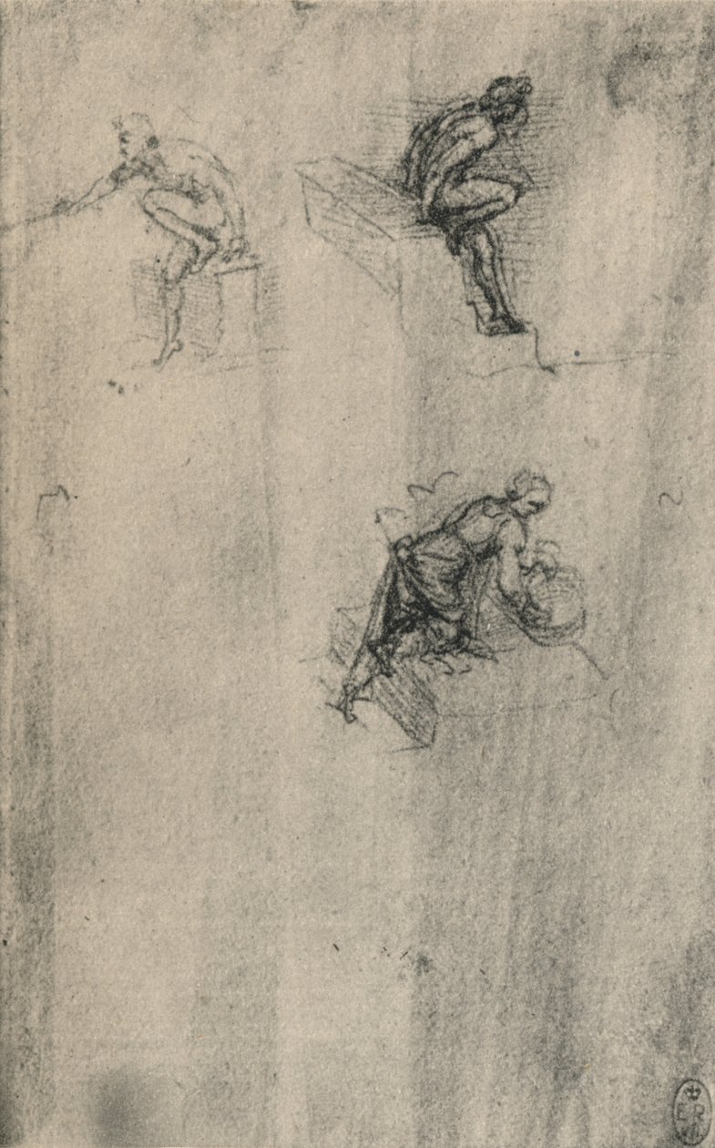 Dos desnudos sentados y una mujer lavándose, c. 1480-1945 de Leonardo da Vinci