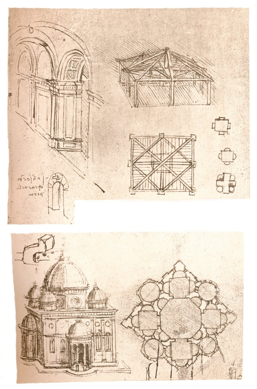 Dos dibujos arquitectónicos, c. 1472-c. 1519, 1883 de Leonardo da Vinci