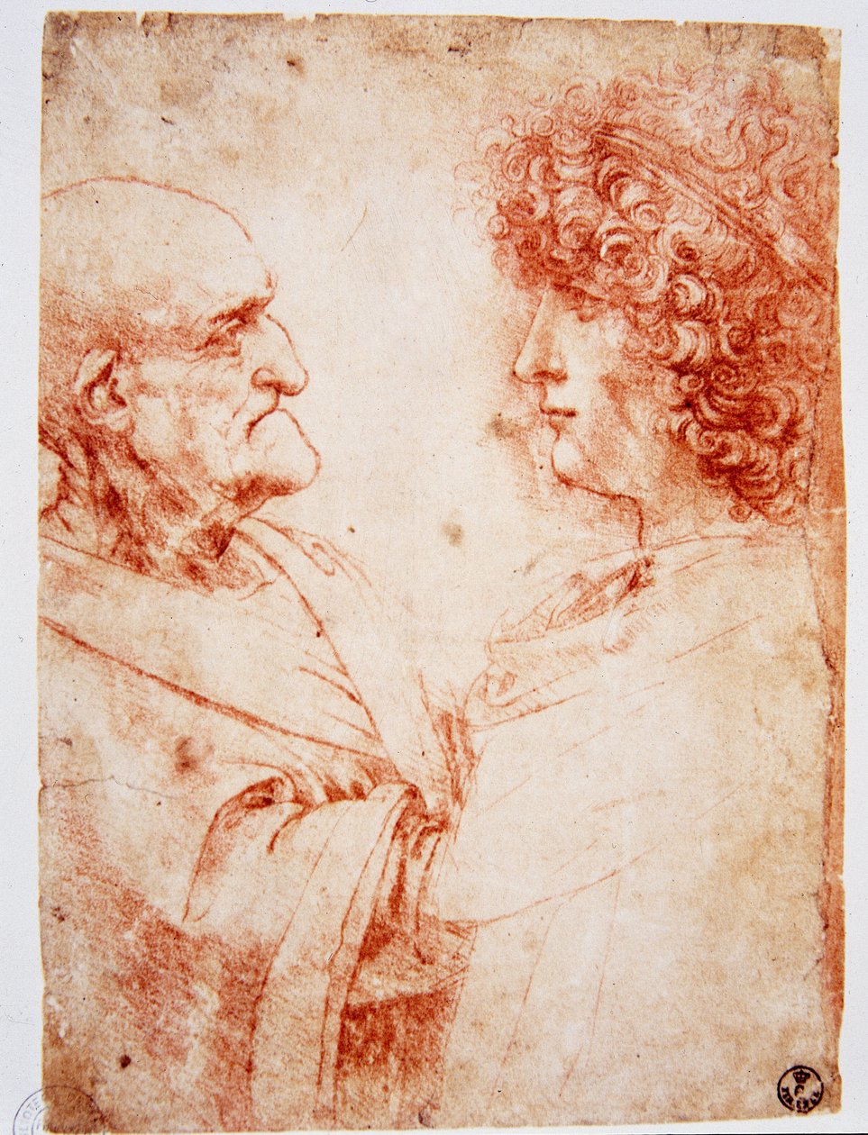 Dos perfiles de hombre, un anciano y un joven. El joven representa a Gian Giacomo Caprotti, conocido como Andrea Salai o Salaij (circa 1480-1524), alumno y amante de Leonardo. Dibujo a la sanguina por Leonardo da Vinci (Leonardo de Vinci) (1452-1519) Flore de Leonardo da Vinci