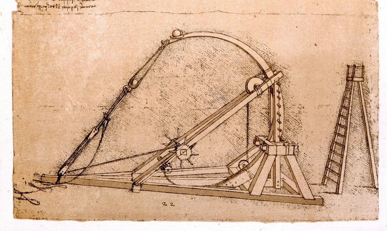Máquina de guerra: Estudio de catapulta por Leonardo da Vinci (1452-1519). de Leonardo da Vinci