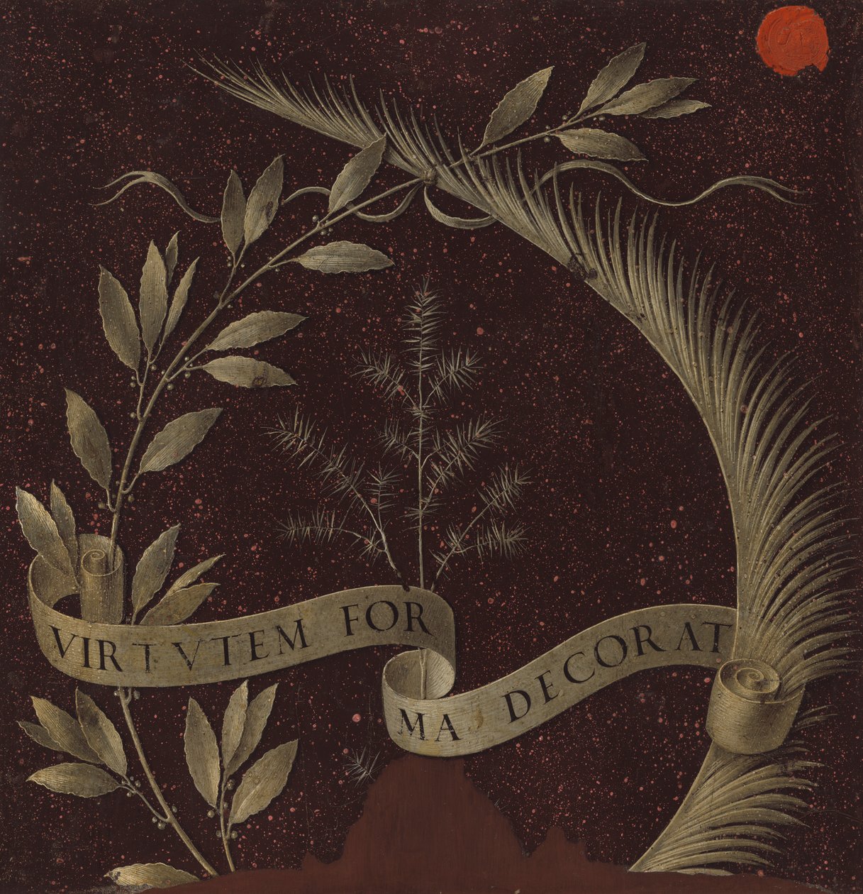 Corona de laurel, palma y enebro con un pergamino inscrito Virtutem Forma Decorat, c.1474-78 de Leonardo da Vinci