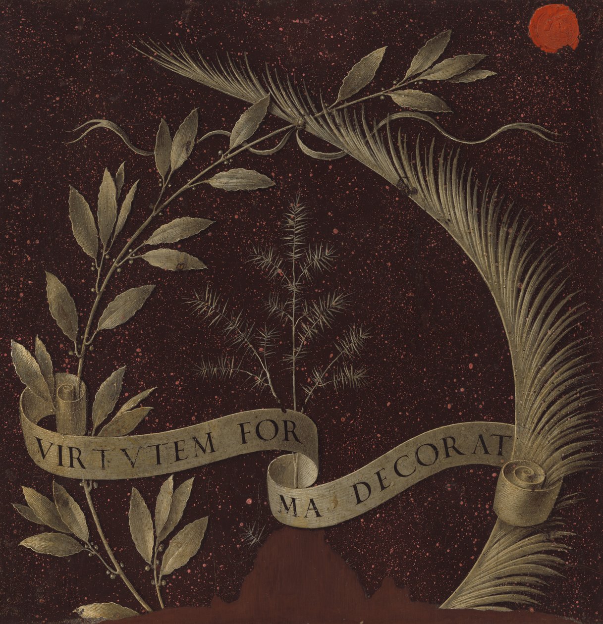 Corona de laurel, palma y enebro con una voluta con la inscripción Virtutem Forum Decorat (reverso) de Leonardo da Vinci