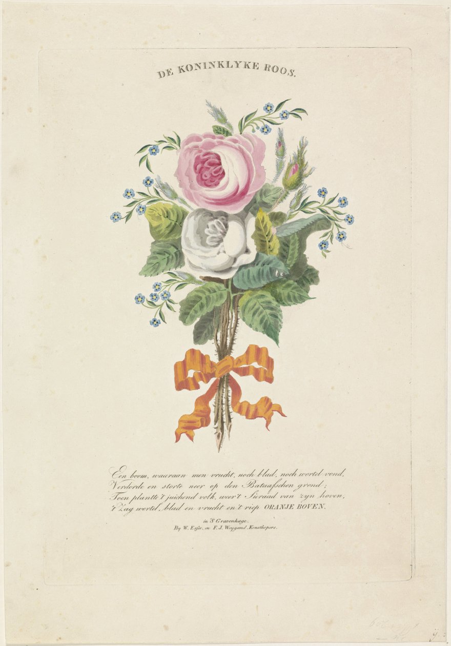 Rosas con retratos en silueta de Guillermo I Federico, rey de los Países Bajos, Guillermina de Prusia, sus hijos, sus padres y su hermana de Leonardus Schweickhardt