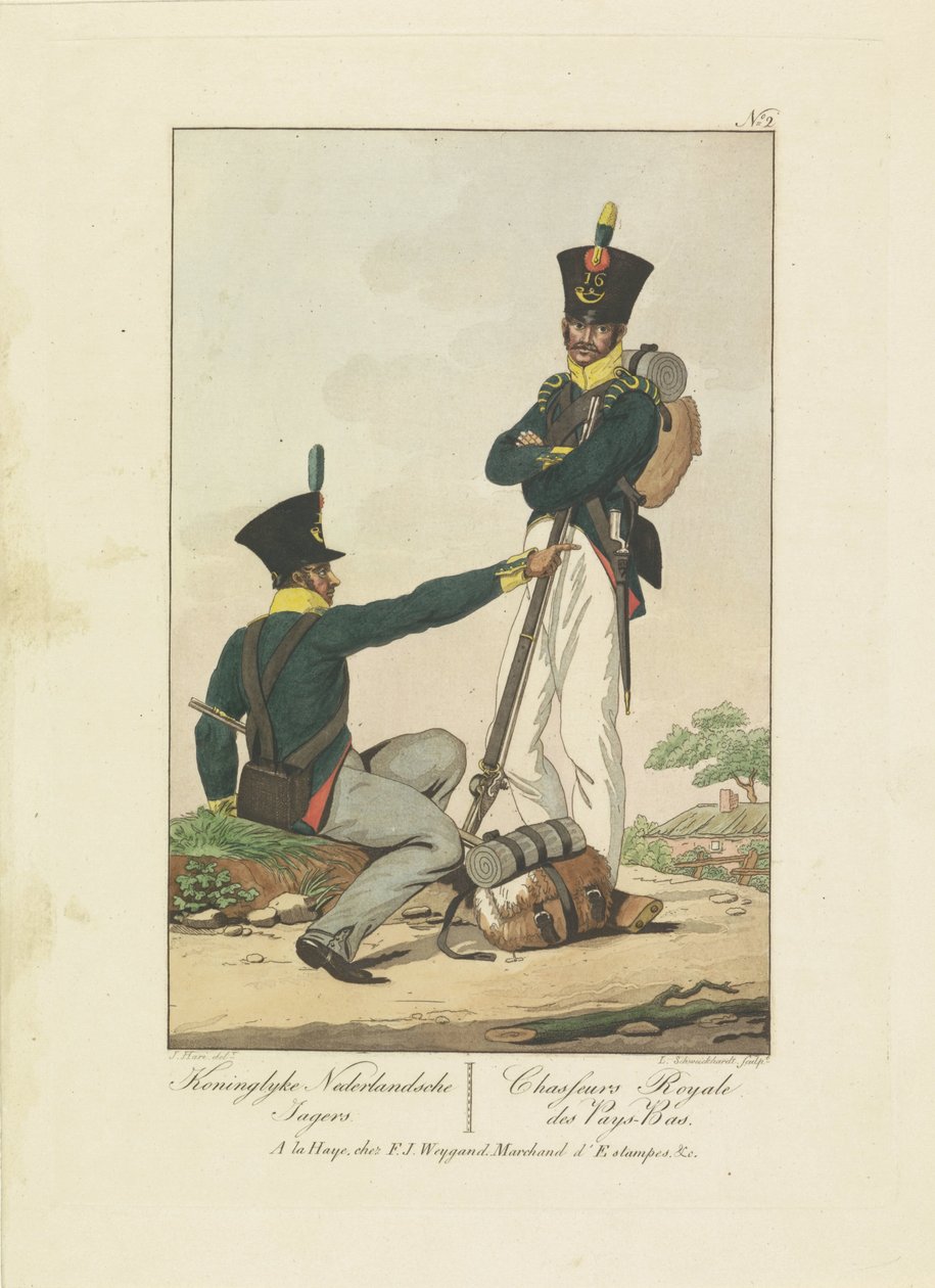 Dos cazadores, 1814-1818 Koninglyke Nederlandsche Jagers / Chasseurs Royale des Pays-Bas (título sobre el objeto) Siete representaciones uniformes 1814-1818 (título de la serie) de Leonardus Schweickhardt