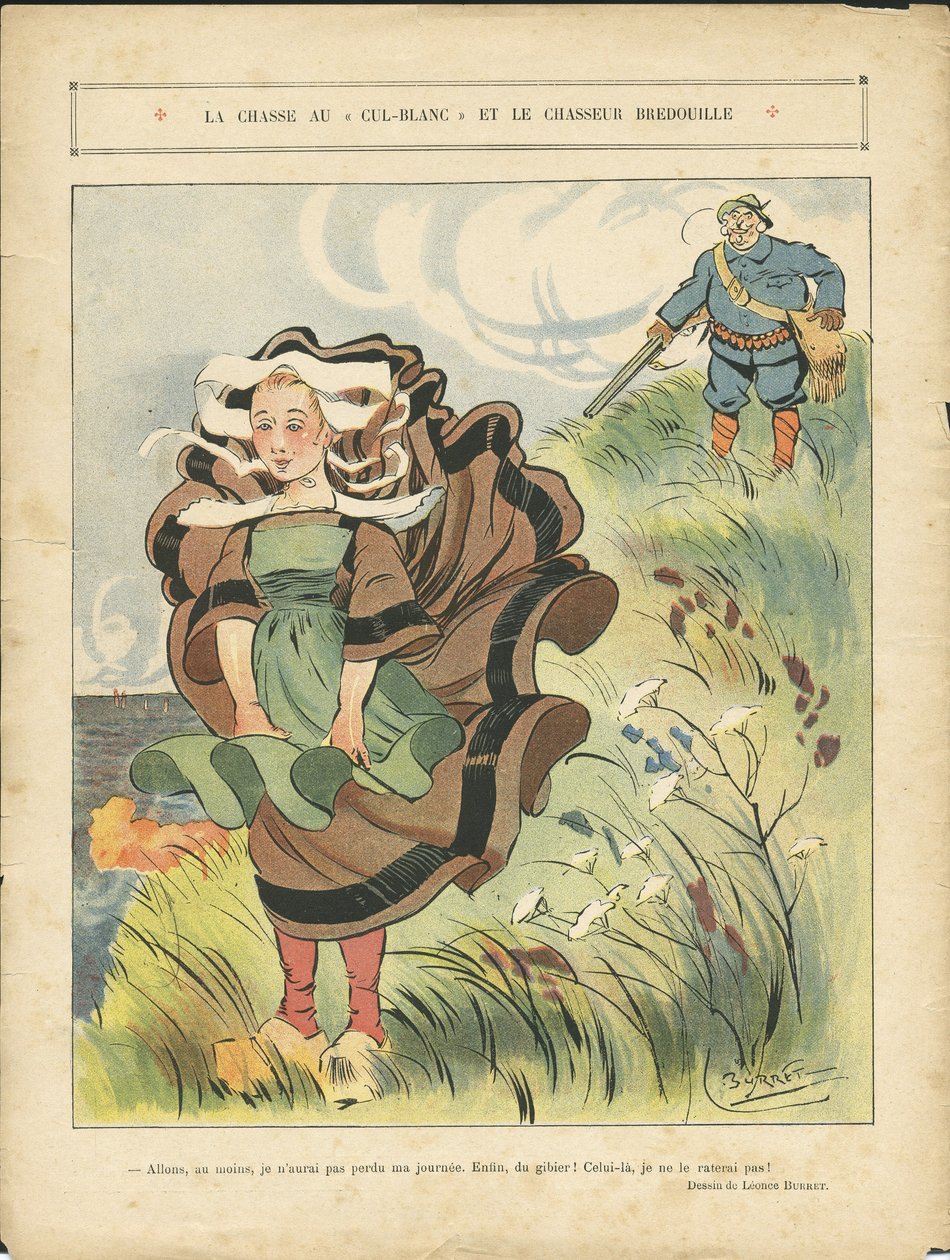 Ilustración de Leonce Burret (1865-1915) en Le Rire, 09/03/10 - La caza del cul-blanc blanco y el dummy hunter - Campo, Ocio, Naturaleza Vegetación, Cazador, Marítimo Marine Balneaire - Campesinos, Agricultores de Leonce Burret