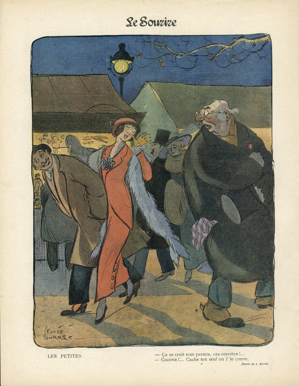 Ilustración de Leonce Burret (1865-1915) en Le Smile, núm. 4, 23/01/13 - Les petites - Nocturno, Prostitución, Cazuelas de papel, Lámpara de pie, Piel de Leonce Burret
