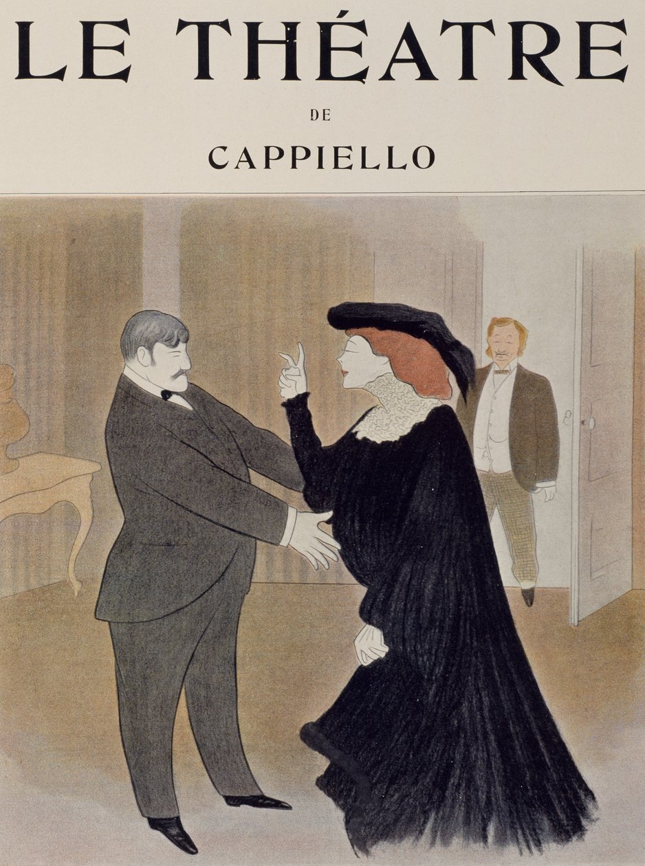 Actores Lucien Quitry y Jane Harding en escena de La Chatelaine, representada en el Teatro Renaissance en París, dibujo de Leonetto Cappiello, portada de la revista Theatre, abril de 1903 de Leonetto Cappiello