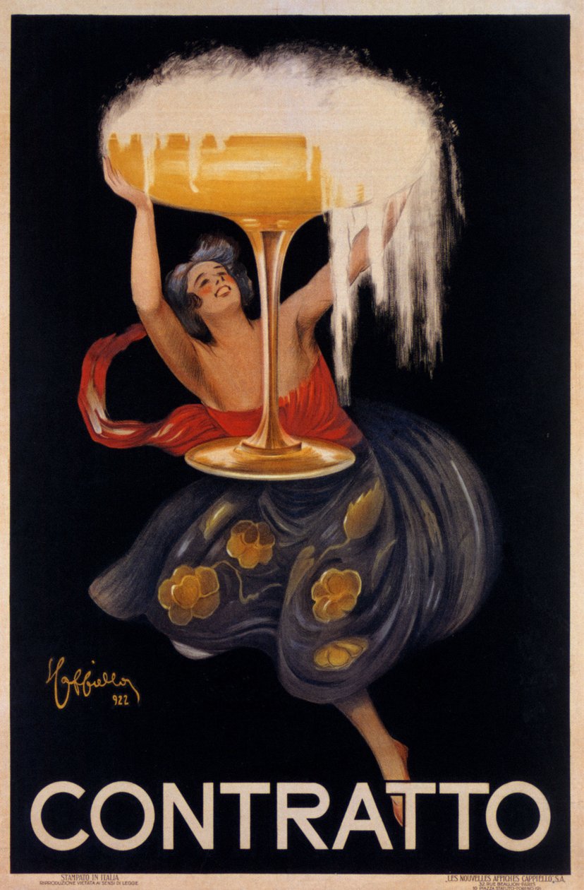 Cartel publicitario para el vino espumoso "Contratto": un pequeño hada, un elfo levantando una enorme copa. Ilustración de Leonetto Cappiello (1875-1942) 1922 de Leonetto Cappiello