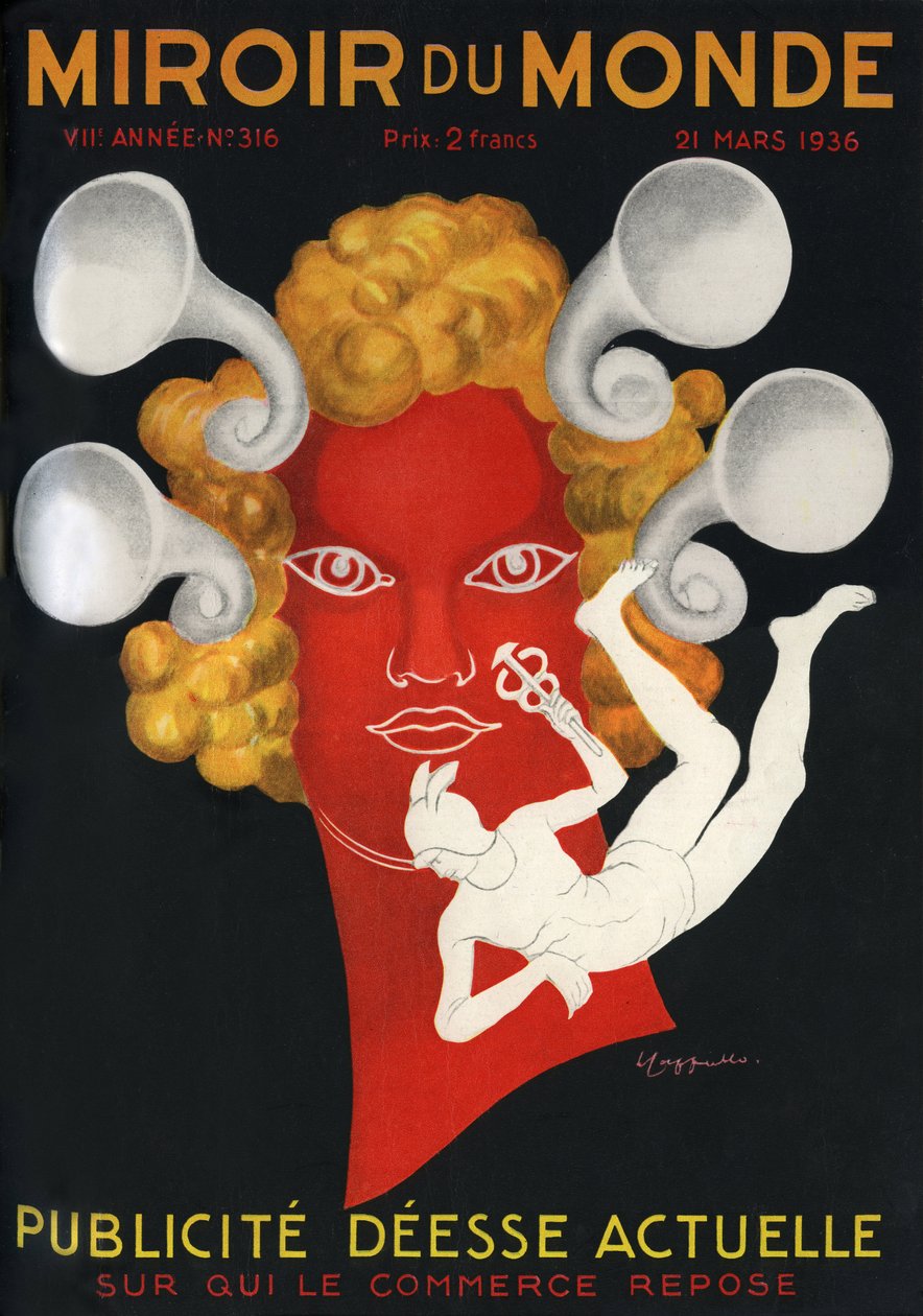 Alegoría de la Publicidad “Diosa Actual sobre la que descansa el comercio”, con Mercurio, dios de los viajeros y el comercio. Portada de la revista Mirror du monde n°316, 21 de marzo de Leonetto Cappiello