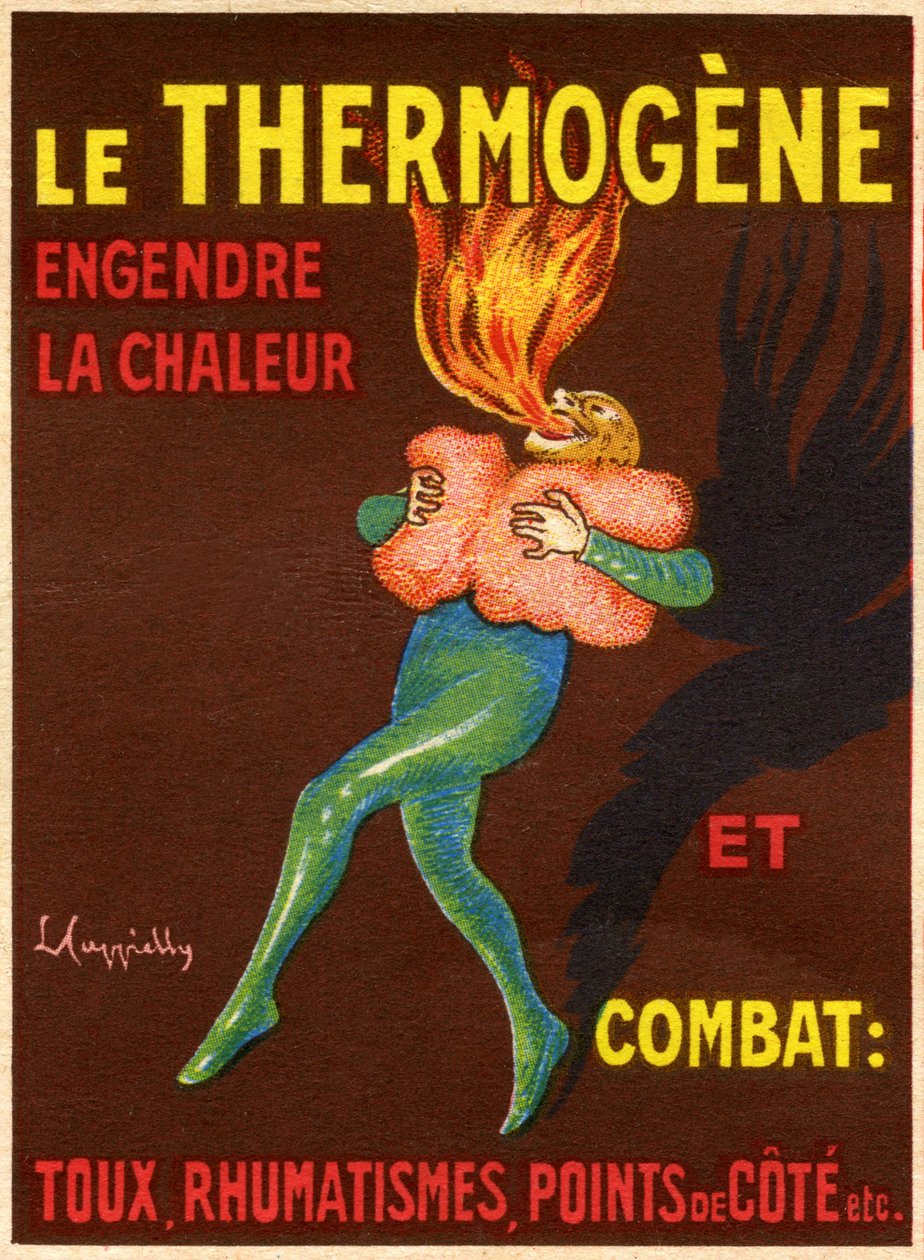 Etiqueta de una caja de guata revulsiva y resolutiva Le Thermogene, compresa destinada a aliviar la tos, resfriados, dolores y reumatismo - fórmula: algodón hidrofílico, coccina nueva, naranja amarilla S, extracto de capsicum. Producto farmacéutico fabrica de Leonetto Cappiello